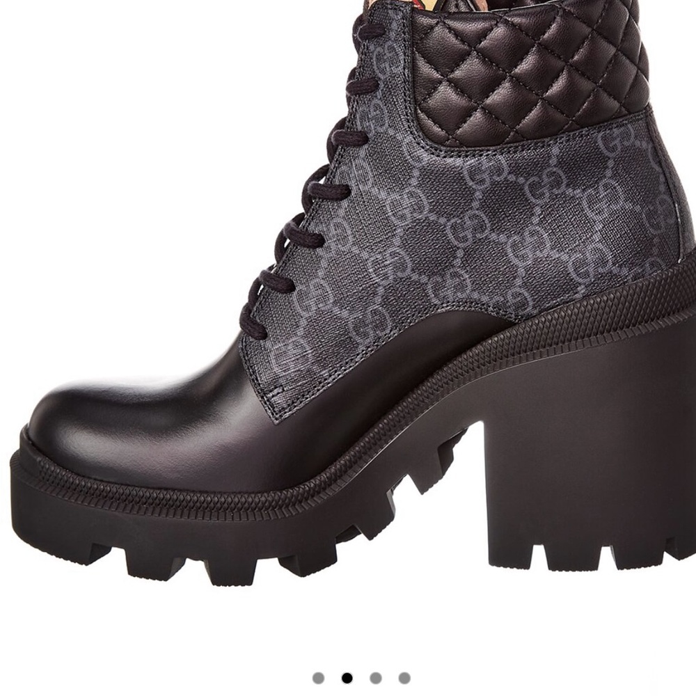Gucci Black Grey Canvas Leather Quilted Ankle Combat Boots
